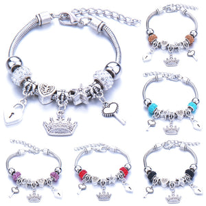 Antique Original Bracelets  Couronne serrure à clé Forme 6 couleurs Bracelets à breloques pour femmes Perles de verre Bracelet et bracelet de marque Bijoux de bricolage Cadeaux